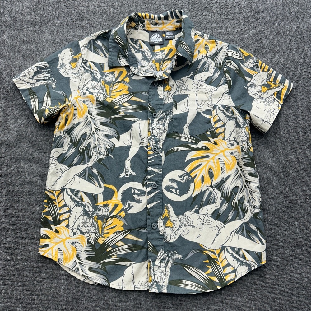 Jurassic World Shirt Boys M Hawaiian T-Rex Cotton Button Tropical